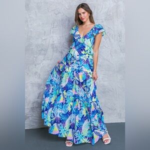 Blue Tropical Print Maxi Dress with Ruffle V-Neck